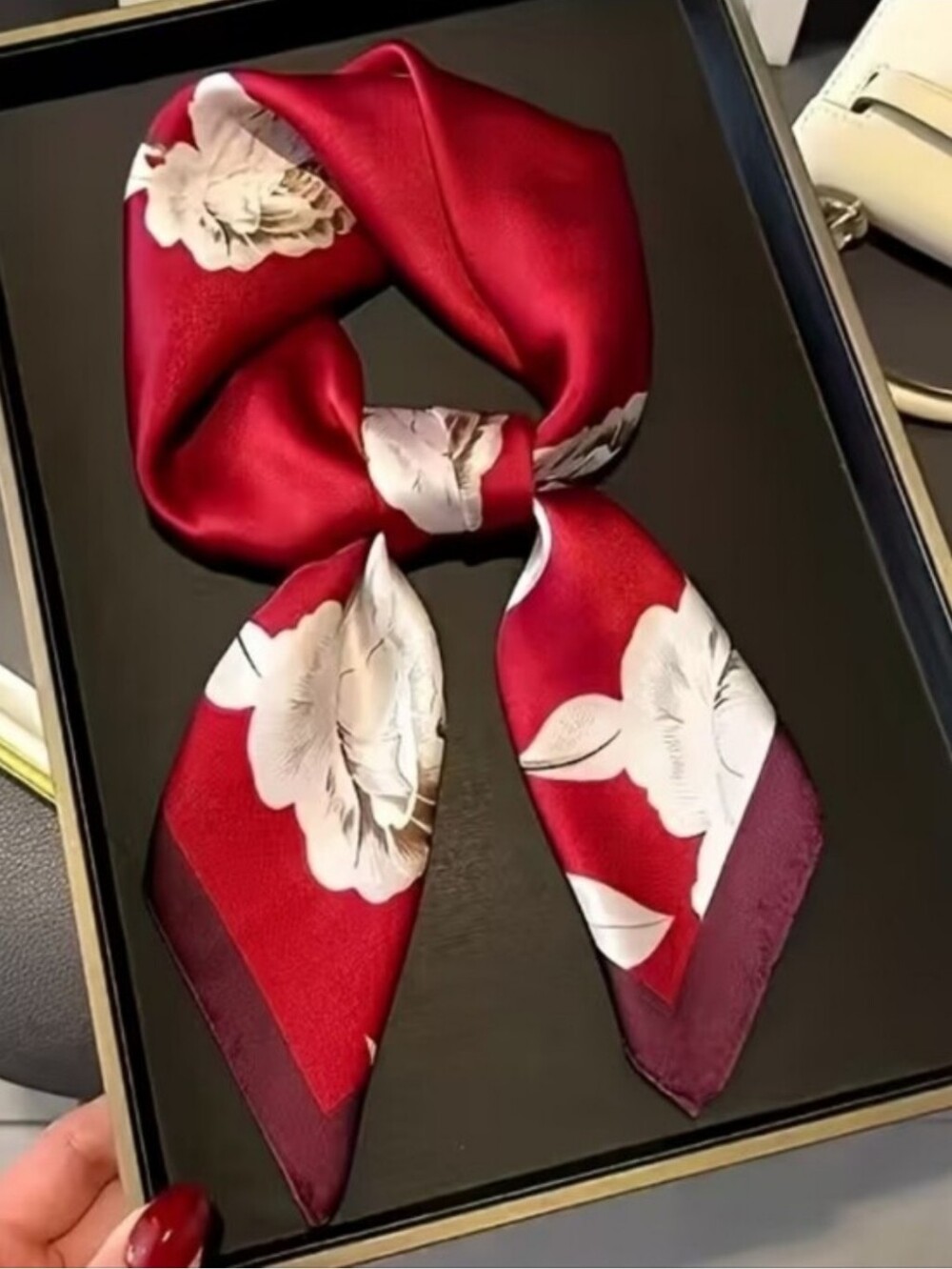 Silk-feel Red Floral Satin Scarf Head Scarf, Neck Scarf